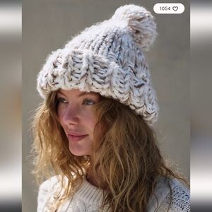 Free People Cream Knit Pom-Pom Beanie